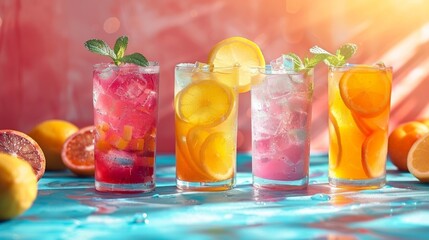 Fototapeta premium A minimalist arrangement of colorful summer drinks like lemonade and fruit smoothies