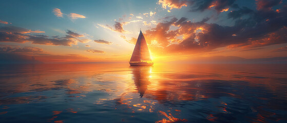 Small boat sailing at sunset - obrazy, fototapety, plakaty