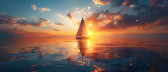 Fotobehang Small boat sailing at sunset © Falk