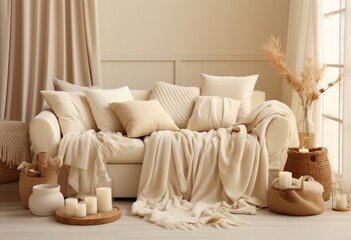 a living room filled with different white throw blankets