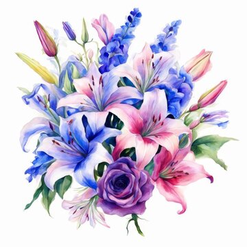 Beautiful bright bouquet of watercolor flowers on white background, Generative AI