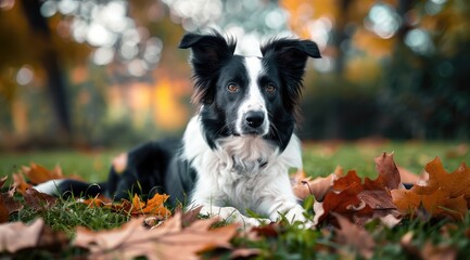 Intimate Autumn Moment with a Soulful Black and White Dog - Generative AI