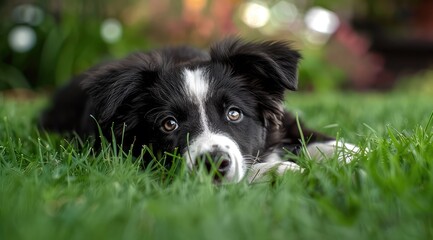 Fototapeta premium Charming Border Collie Puppy Amidst a Whimsical Garden Glow - Generative AI