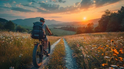 Gordijnen Riding a bicycle down a dirt road at sunset under a cloudfilled sky © yuchen