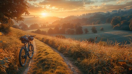 Bicycle with tire parked on dirt road in field at sunset with clouds in the sky