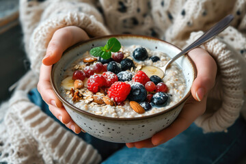 A person eating a bowl of oatmeal with fruits and nuts