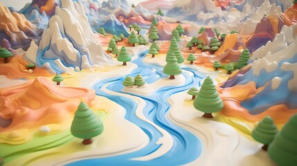 Colorful Stylized Landscape with Rivers and Trees
