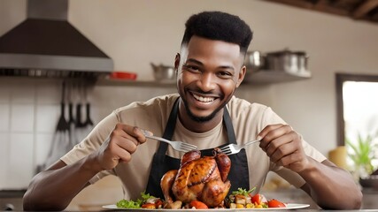 A proud African man holds up a perfectly grilled chicken, its golden skin glistening in the sunlight, a smile of satisfaction on his face. - obrazy, fototapety, plakaty