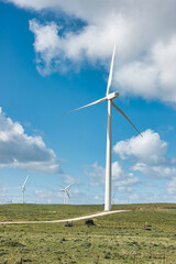 Modern wind turbines on a grassy field against a blue sky, symbolizing renewable energy and sustainable technology