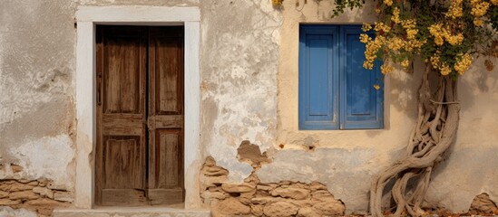 An old building featuring a blue door in Greek style, with a tree growing out of it. The contrast between the aged structure and the robust tree creates a striking visual.
