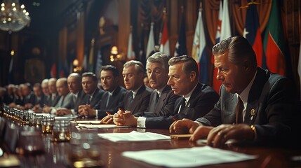 Men in formal wear seated at a long table adorned with flags, sharing an event - obrazy, fototapety, plakaty