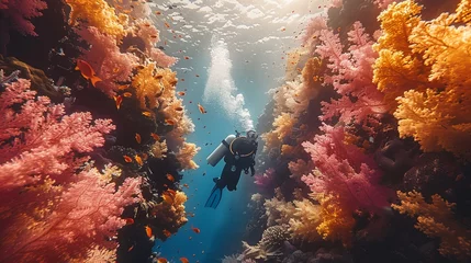 Schilderijen op glas Underwater diver exploring a coral reef in the ocean © yuchen