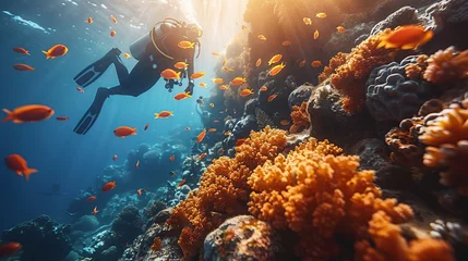  Scuba diver exploring coral reef with marine organisms underwater © yuchen