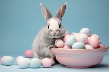 Fototapeta na wymiar Cute Bunny with bowl with pastel colored Easter eggs in front of blue studio background