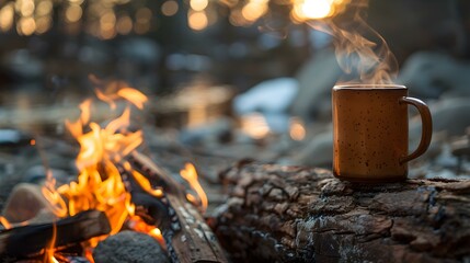 Steamy coffee cup rests on log by campfire in outdoor setting. Concept Campfire Coffee, Outdoor Relaxation, Nature Vibes, Morning Pick-Me-Up, Cozy Atmosphere