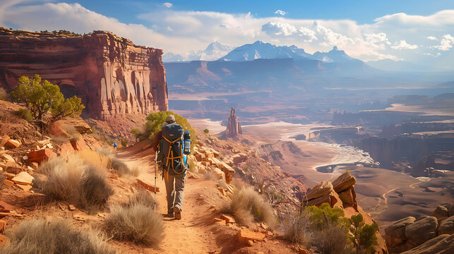 The image shows a person hiking in a canyon. The person is wearing a backpack and carrying trekking poles.