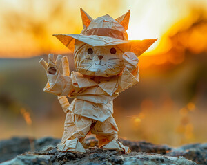 Origami artwork of a cat in a cowboy hat offering a peace sign with its paw against a sunset background