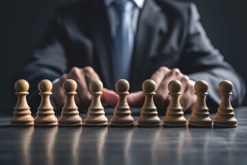 A focused business leader contemplating strategic moves with chess pieces on a board, symbolizing foresight and management in corporate strategy.