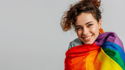 lesbian woman 20s wrapped in colorful striped flag look camera isolated on plain pastel light background. People lgbtq lifestyle fashion concept