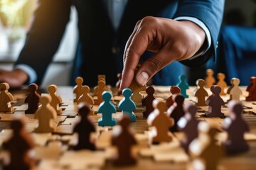 A strategic business scene with a hand moving a diverse set of human figures on a chessboard, symbolizing leadership, diversity, and strategic planning in human resources.