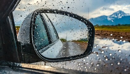 pluie de l'eau sur le reflet du pare-brise dans le miroir de voiture et l'eau goutte d'eau - obrazy, fototapety, plakaty