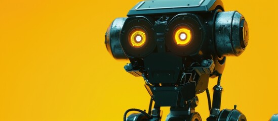 A close-up shot of a robot with glowing eyes set against a vibrant yellow background. The robots metallic features contrast with the bright backdrop, creating a futuristic and eye-catching image.