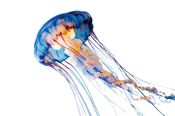 Obraz na płótnie Canvas Vivid Blue and Orange Jellyfish Swimming Isolated on White Background 