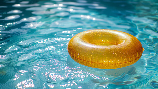 Bright yellow float in the crystal clear water surface of a swimming pool. holiday and summer vacation concept.
