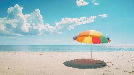 Fototapeta na wymiar Colorful beach umbrella on sunny shore - A vibrant beach umbrella stands under a bright blue sky on a sunlit sandy beach, evoking feelings of relaxation and summer joy