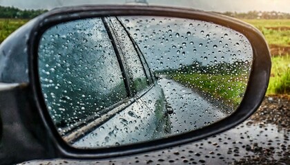 pluie de l'eau sur le reflet du pare-brise dans le miroir de voiture et l'eau goutte d'eau