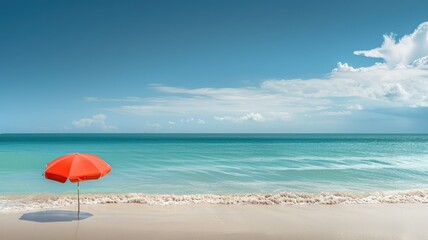 Solitary red umbrella on a pristine beach - A striking composition featuring a solitary red umbrella on the ivory sands of a tranquil beach, contrasting with the crystalline blue sea and sky