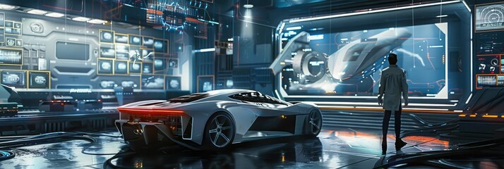 Futuristic car in high-tech facility - A concept futuristic car sits in a high-tech garage with advanced holographic displays and a sleek design aesthetic