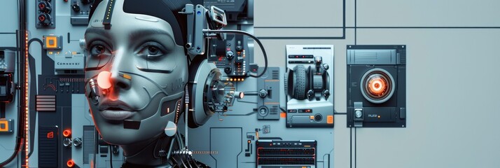Female cyborg head with exposed machinery - A highly detailed image of a female android's head, showcasing futuristic cybernetic implants and complex wiring against a panel of machinery
