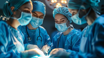 a group of surgeons are operating on a patient in an operating room - obrazy, fototapety, plakaty