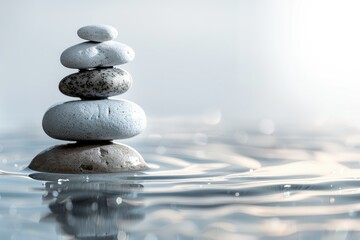 Fototapeta na wymiar Zen stones stacked on water surface - A serene stack of smoothed stones sits atop a tranquil water surface, symbolizing balance and peace