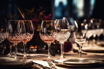 wine glasses surrounded with napkins and plates