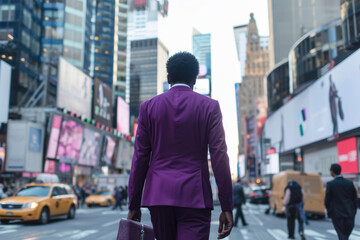 A businessman in a purple suit walking down a busy city street with a laptop bag in hand - obrazy, fototapety, plakaty