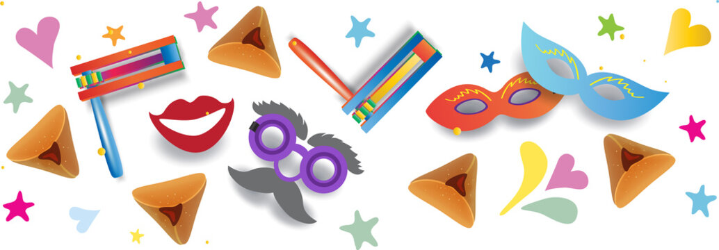 Happy Purim! translate from Hebrew, Jewish holiday Purim carnival festival kids event decoration with traditional symbols isolated mask, noisemaker grogger, ratchet, Hamantaschen cookies, masque gifts