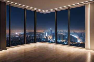 Empty room in a skyscraper with a view of the night city. Expensive property with a beautiful view.