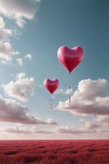 Fototapeta premium Heart-shaped helium balloon floating in the sky, pink-red color palette, Valentine's Day