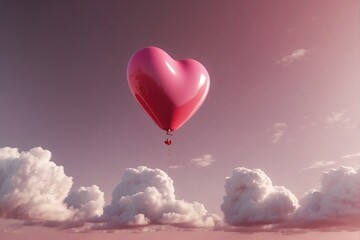Fototapeta na wymiar Heart-shaped helium balloon floating in the sky, pink-red color palette, Valentine's Day
