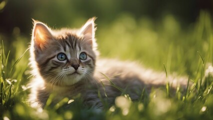 Naklejka na ściany i meble cat on grass An inquisitive kitten with bright, curious eyes, calling out to its mother from a bed of soft grass 