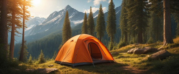 Image with an orange camping tent on a sunny clearing in the middle of the forest - obrazy, fototapety, plakaty