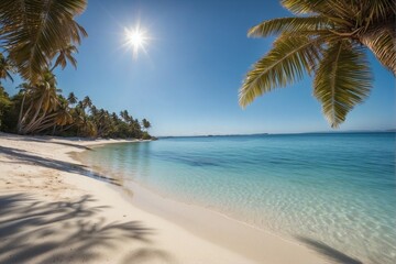 White sandy beach with azure blue water and palm trees