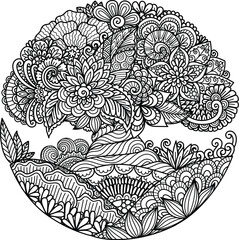 Beautiful abstract tree in a circle shape for design element and adult coloring book pages. Vector illustration	