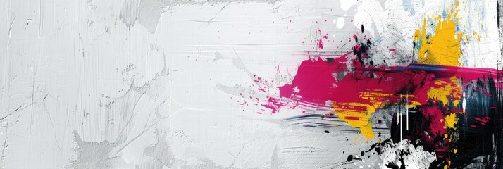 Modern abstract splashes of paint on canvas - Bold splashes of pink, yellow, and black paint create an expressive and spontaneous composition, representing creative freedom