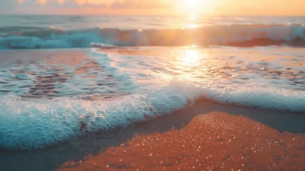 Photo sur Plexiglas Coucher de soleil sur la plage Closeup sea sand beach. Panoramic beach landscape. Inspire tropical beach seascape horizon. Orange and golden sunset sky calmness tranquil relaxing sunlight summer mood