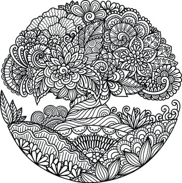 Beautiful abstract tree in a circle shape for design element and adult coloring book pages. Vector illustration	