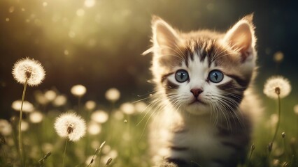 Obraz premium cat on the grass A delighted kitten with bright eyes, frolicking among floating dandelion seeds 