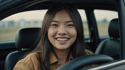 Happy smiling Asian beginner driver behind the wheel of a car